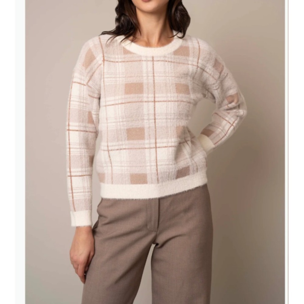 NWT Cyrus NYC Size Large Soft "‎ Jacquard Mink" Ivory & Tan Pullover Sweater